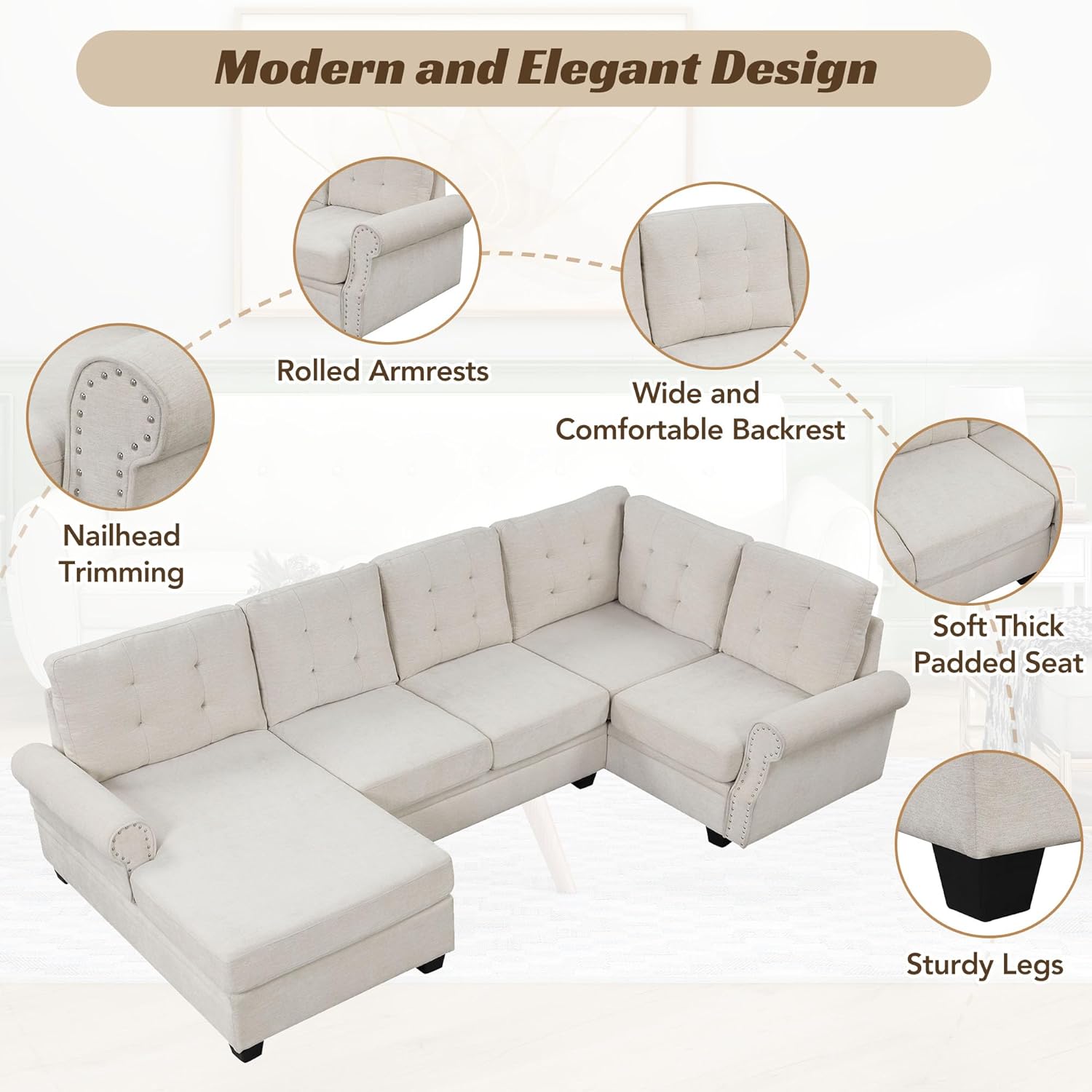 120" Corner Sectional U-Shaped Oversized, Upholstered Modern Tufted Backrest and Nailhead Trim Armrest, Space-Saving Linen Fabric Sofa Couch for Living Room,Bedroom,Beige