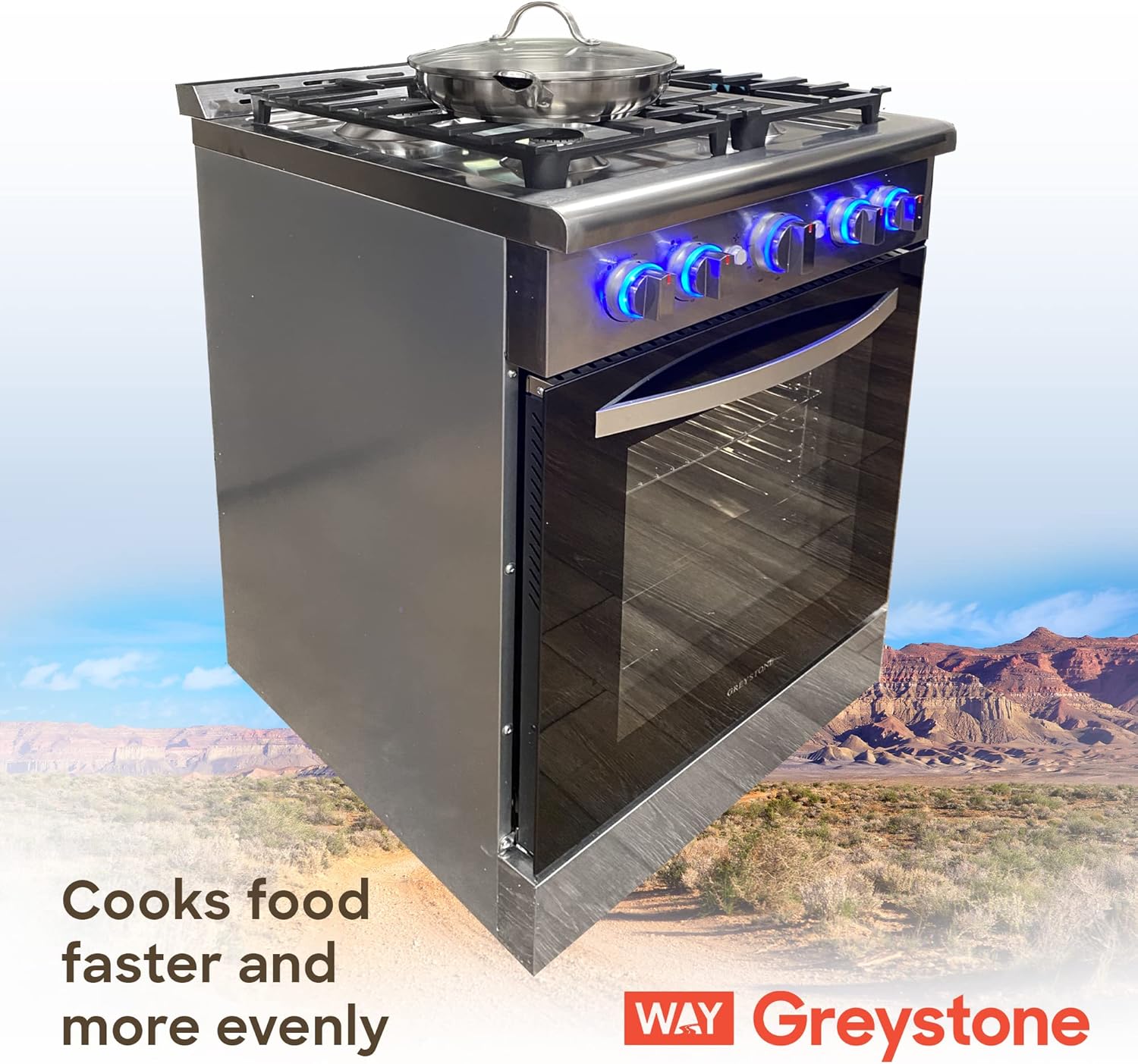 Greystone, 110 Volt RV Gas Range and Cooktop, Stove and Oven Combo, 24 Inch, LP Gas, Stainless Steel