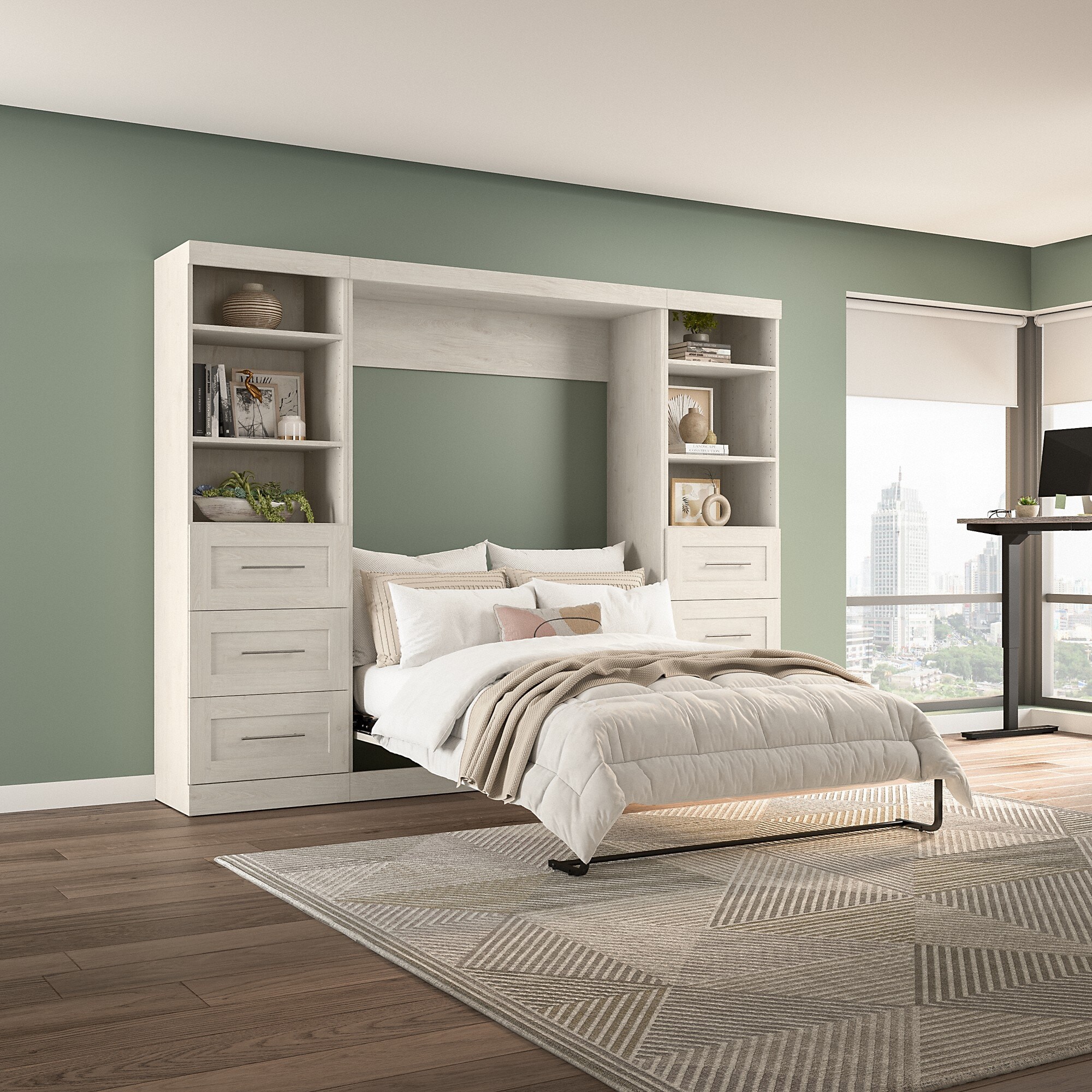 Bestar Pur Full Murphy Bed and 2 Shelving Units w/Drawers (109W) in Rustic Brown