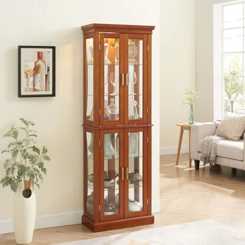 Curio Cabinet Lighted with Adjustable Shelves, Wooden Floor Standing Glass Display Cabinet with Mirrored Back Panel, Curio Showcase Art Wood Storage Case with Tempered Glass Doors (Cherry)