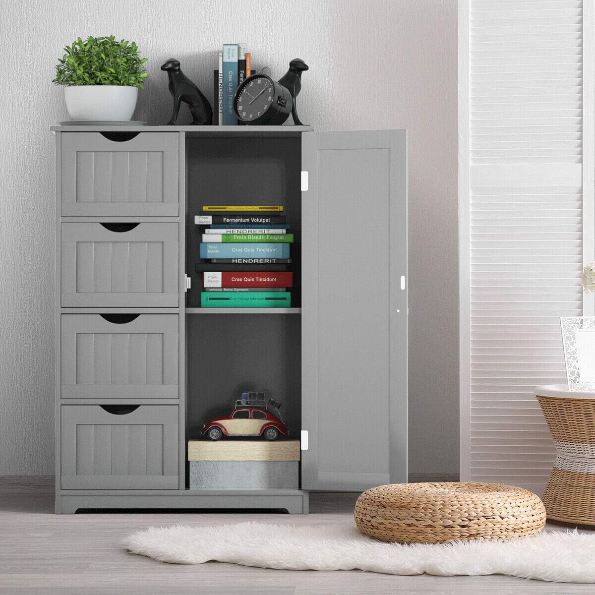 Elegant Design Multifunction Freestanding Bathroom Floor Cupboard Cabinet Storage Organize with 4 Drawer Adjustable Sturdy Durable for Toilet, Living Room, Bedroom, Corridor, Office Grey