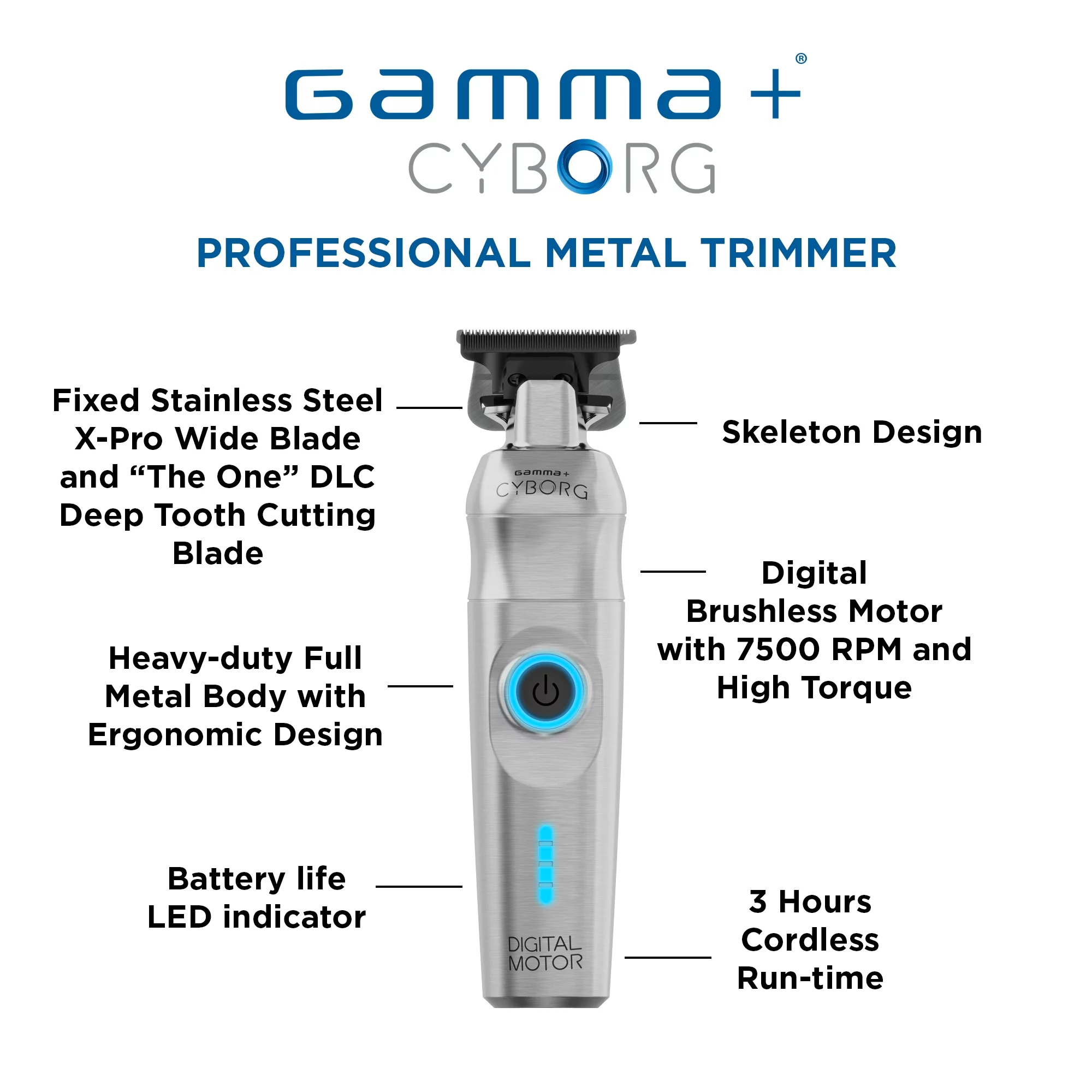 GAMMA+ Cyborg Professional Metal Hair Trimmer with Digital Brushless Motor