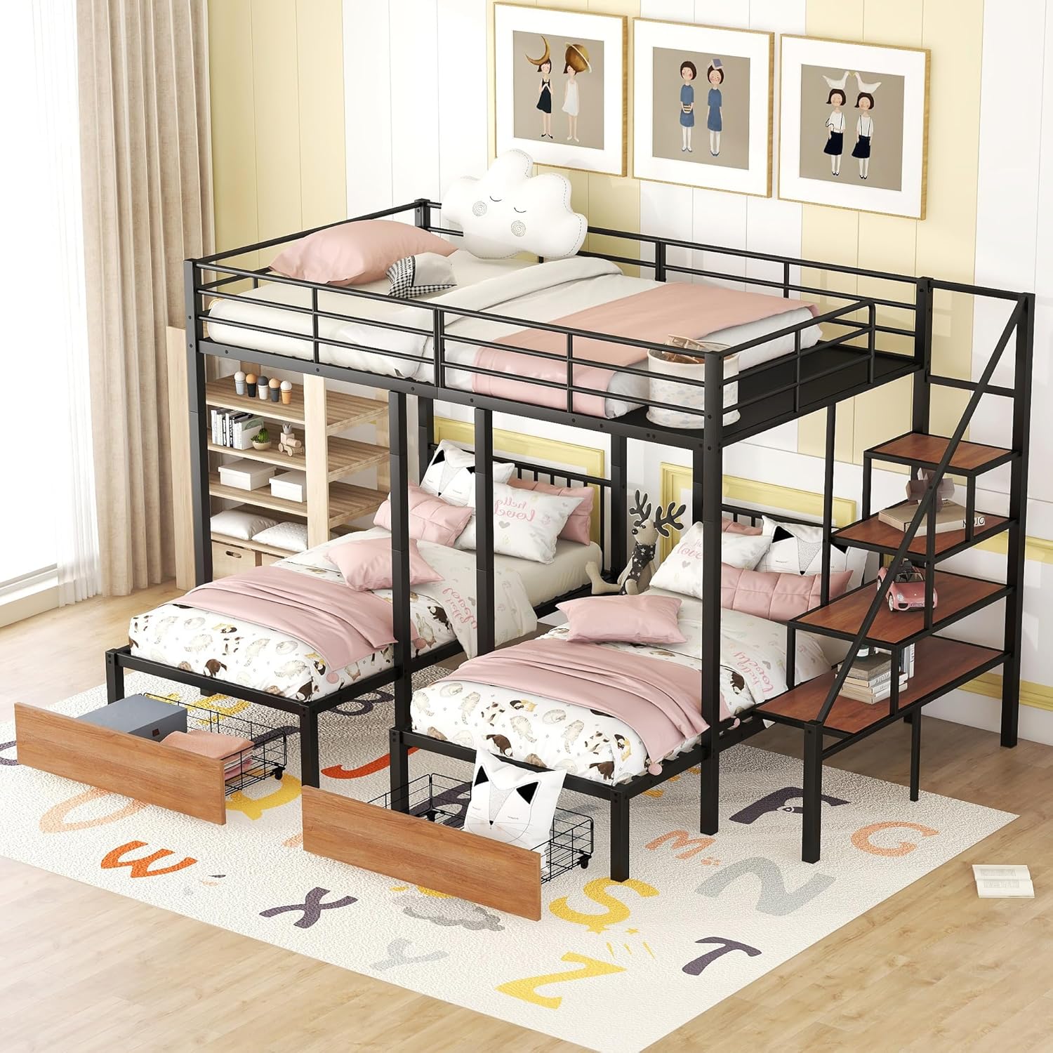 CITYLIGHT Triple Bunk Beds with Storage, Metal Full Over Twin & Twin Bunk Beds with Stairs,3 Bed Bunk Bunk for Kids, Girls, Boys,Teens, Adults,Space Saving Design,Can be Separated into 3 Beds, Black