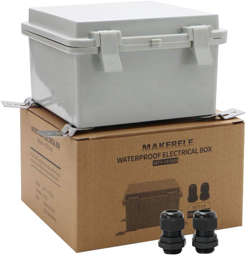 MAKERELE Outdoor Electrical Box Weatherproof Includes Internal Mounting Panel 15.711.86.7 (400300170mm) Large Project Box for Electronics Hinged Cover Plastic Clip with 2 NPT 3/4” Glands
