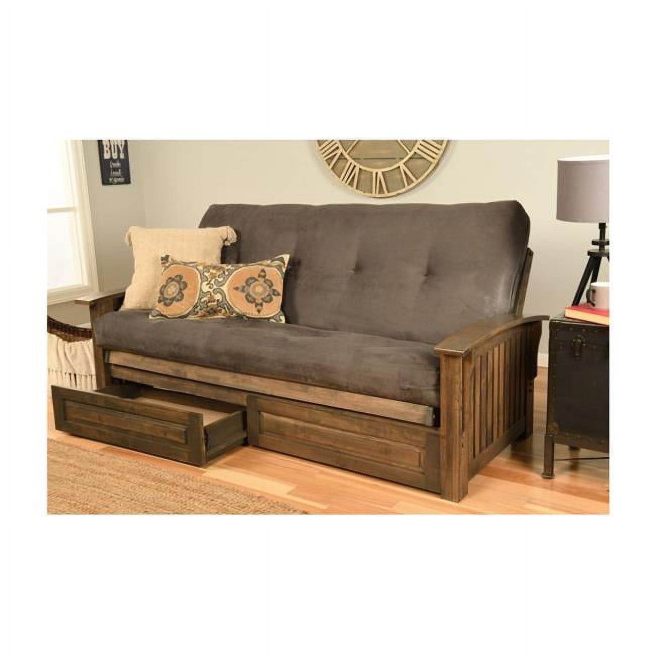 Washington Rustic Walnut Futon Frame with Suede Gray Mattress & Storage Drawers - Full Size