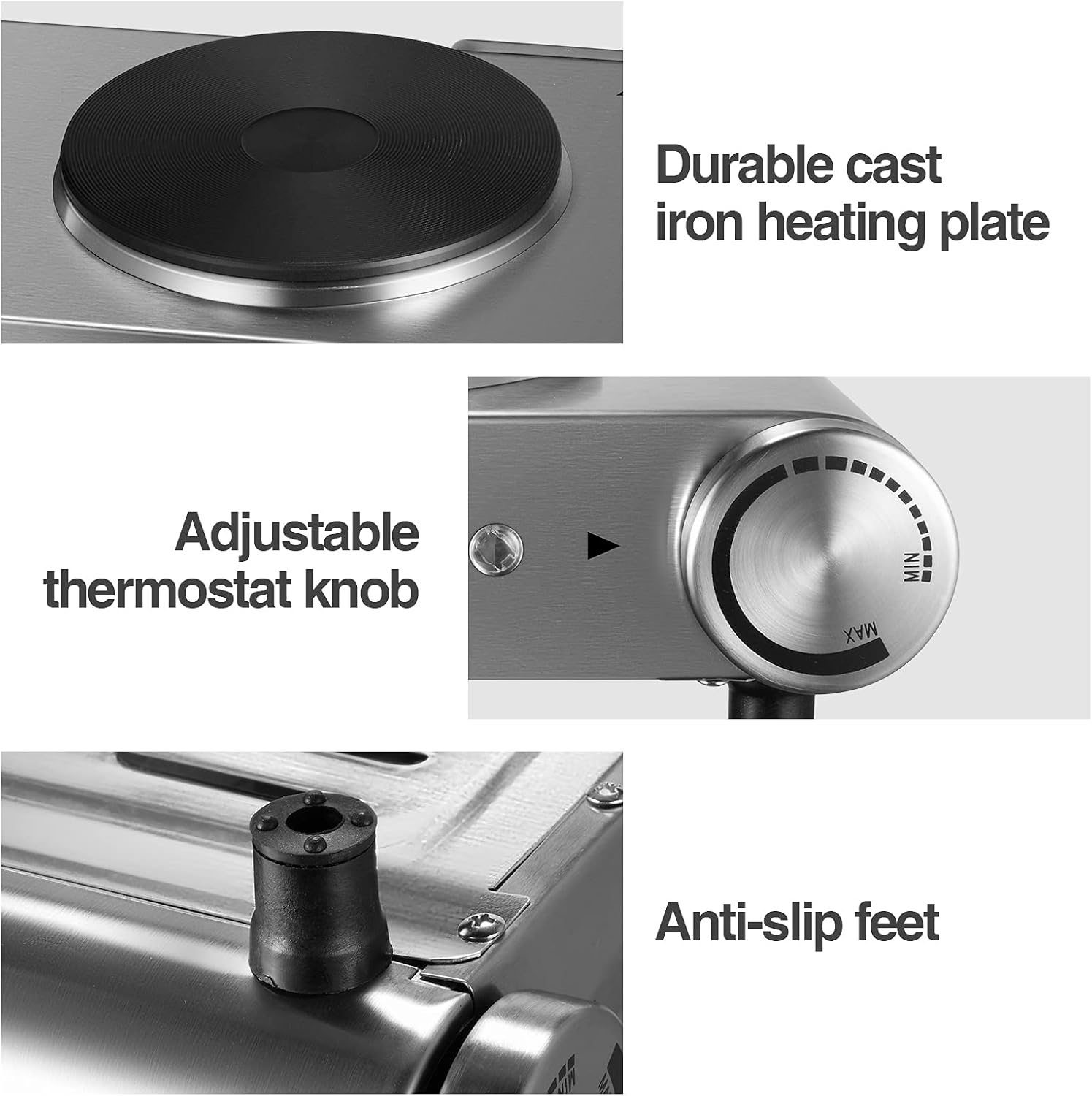 DIDO 1800W Hot Plate, Portable Electric Stove Countertop Cast-Iron Double Burner with Adjustable Temperature& Anti-Slip Feet, Stainless Steel Cooktop for Home/Camp/RV, Compatible for All Cookwares