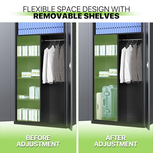 Magshion Metal Storage Cabinet, 72" Locking Storage Wardrobe Cabinet with Hanging Rod, Steel Storage Locker Closet with 4 Shelves for Home Office, Garage, Grey