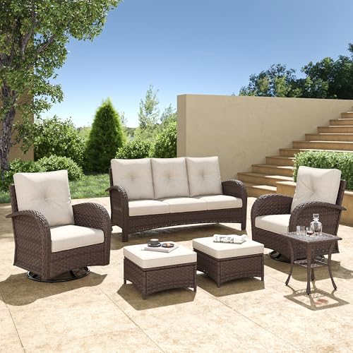 5 Pieces Wicker Patio Furniture Set, Luxury Outdoor Conversation Set with High Back Swivel Rocker Chairs