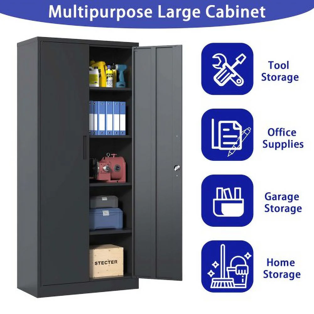 72"H Metal Garage Storage Cabinet, Black Tool Steel Locking Cabinet with Doors and 4 Shelves