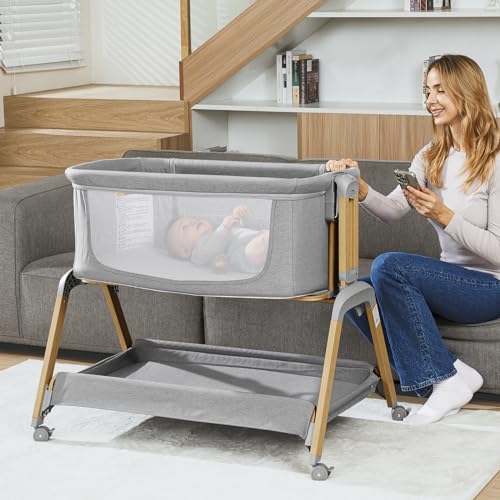 3 in 1 Baby Bassinet, Rocking Bassinets with Comfy Mattress and Wheels, Adjustable Height Bassinet Bedside Sleeper, Easy Folding Portable Crib for Newborn (Navy Blue)