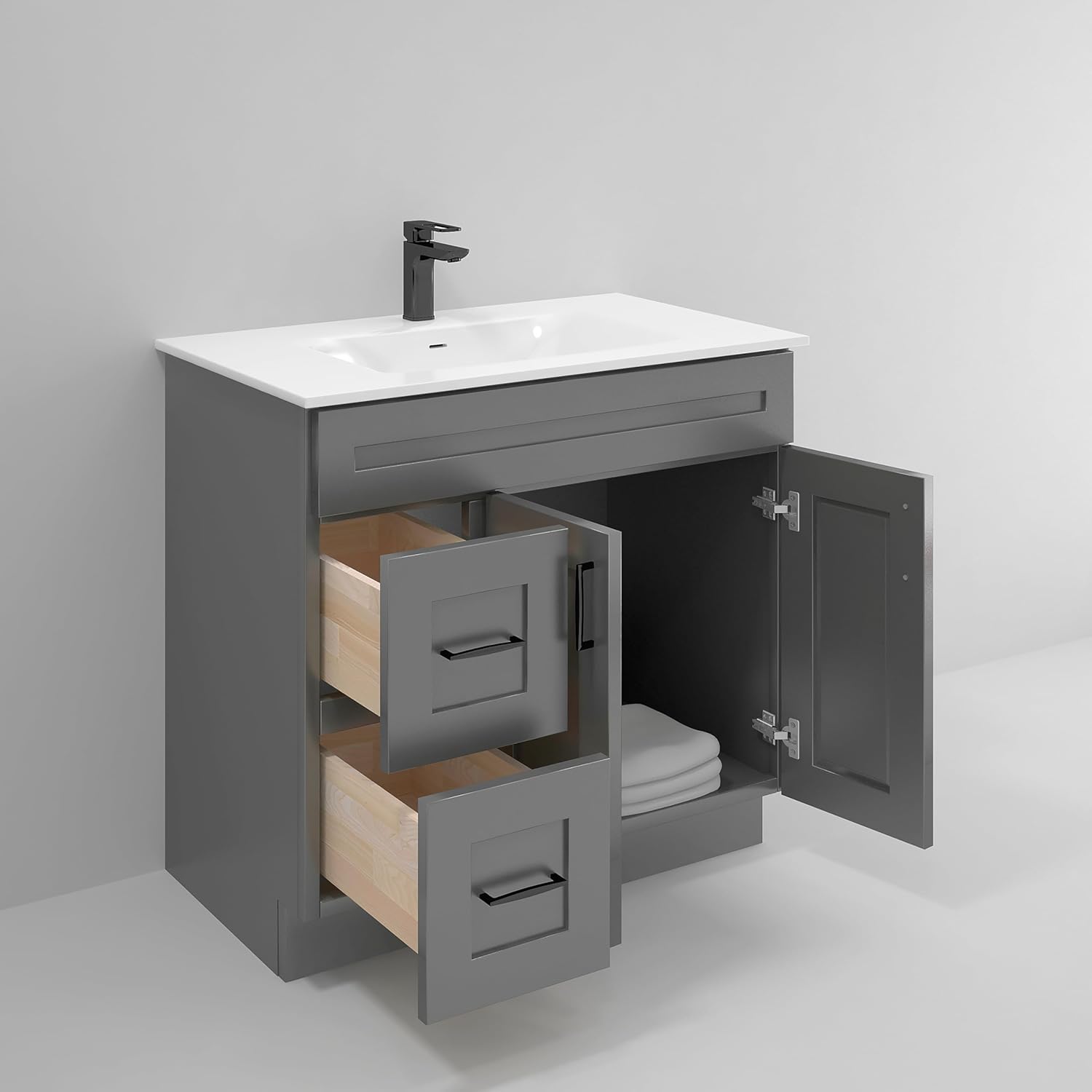 Gray Shaker Bathroom Vanity Sink Base with Drawers 36 in Ready-to-Assemble Cabinet