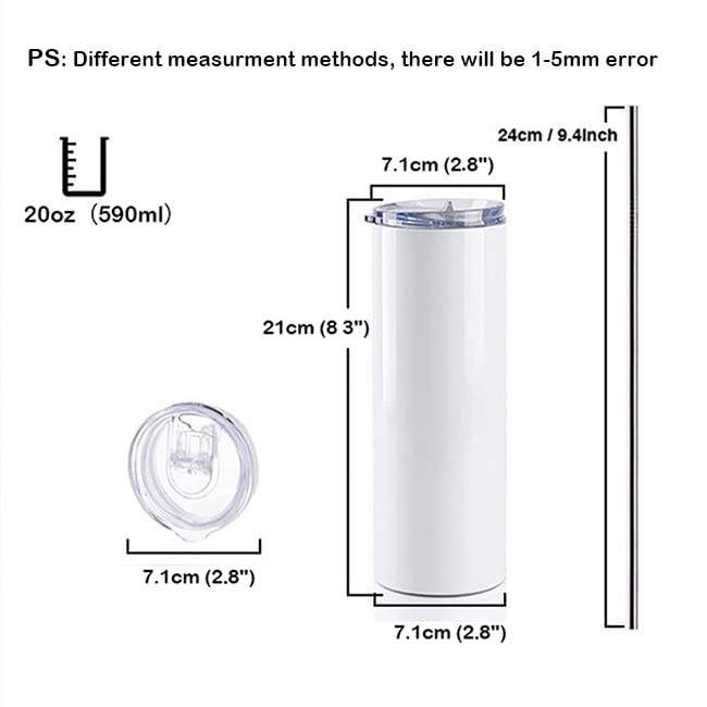 QOMOLANGMA Sublimation 20 oz Skinny Straight Tumbler Blank Stainless Steel Insulated Water Bottle Double Wall Vacuum Travel Cup With Sealed Lid and Straw White US Stock (25PCS)