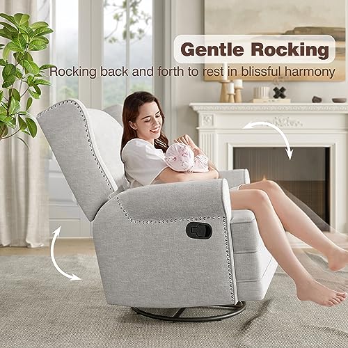 Swivel Nursery Glider Recliner, Comfy Upholstered Glider Chair with Lumbar Pillow and Footrest, Swivel Rocking Chair for Living Room, Beige