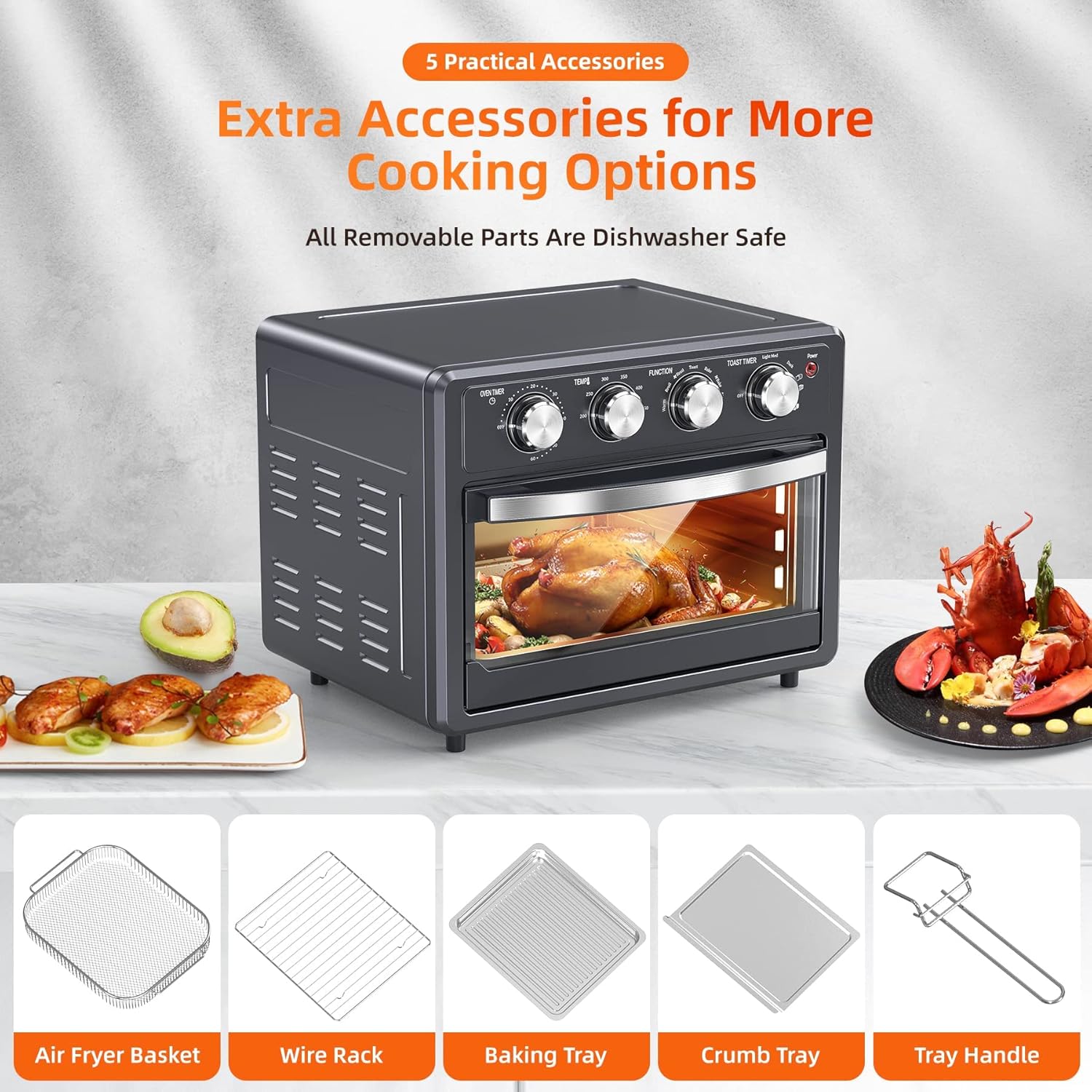 Air Fryer Toaster Oven Combo, 25 QT Air Fryer 7-in-1 Convection Toaster Oven with Air Fryer, Roast, Bake, Broil, Reheat, Large Toaster Oven Air Fryer Combo 5 Accessories Up to 450°F 1700W