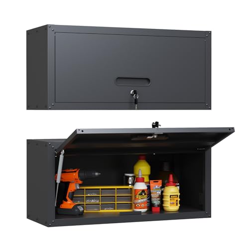 Garage Storage Cabinet Wall Cabinet with 2 Doors,Lockable Tool Cabinets Wall Mounted with Adjustale Shelves,Heavy Duty Steel Hanging Cabinets for Warehouse Kitchen Laundry,Assembly Required