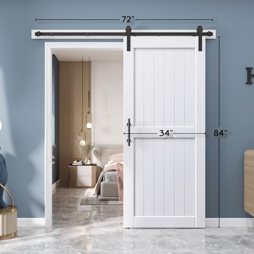 EaseLife 54 x 84 inch White Barn Door with 9FT Sliding Door Hardware Kit Included & Handle,Solid Wood Covered with Waterproof PVC Surface,DIY Assemblely,Easy Install,H-Frame,Fit 50-52in Wide Opening