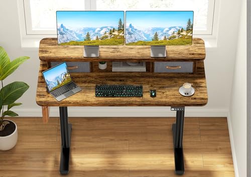 Electric Standing Desk with Dual Drawers, 48" x 24" Height Adjustable Desk Sit Stand Desk with Memory Controller, Casters & 2 Hooks, Low Noise Home Office Desk, Rustic Brown
