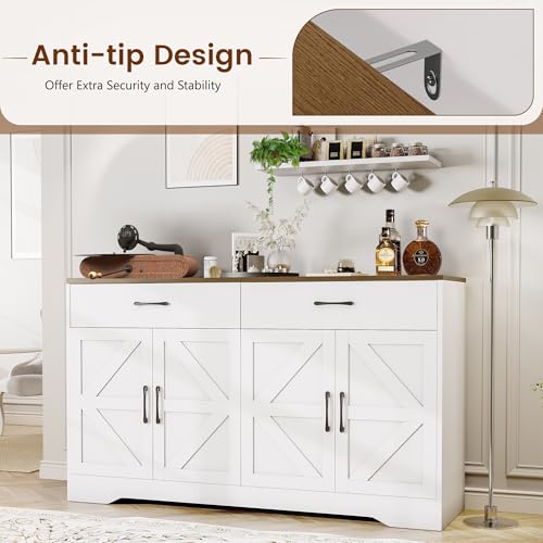 55" Sideboard Buffet Cabinet with Storage, Large Kitchen Storage Sideboard with Drawers & Doors, Modern Wood Farmhouse Coffee Bar Cabinet, Buffet Table for Kitchen, Dining Room, Living Room, White