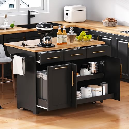 60" Kitchen Island with Drop Leaf and Power Outlet, Rolling Kitchen Cart on Wheels with Trash Can Storage Cabinet, Spice Rack, Towel Rack and Adjustable Shelf for Dining Room