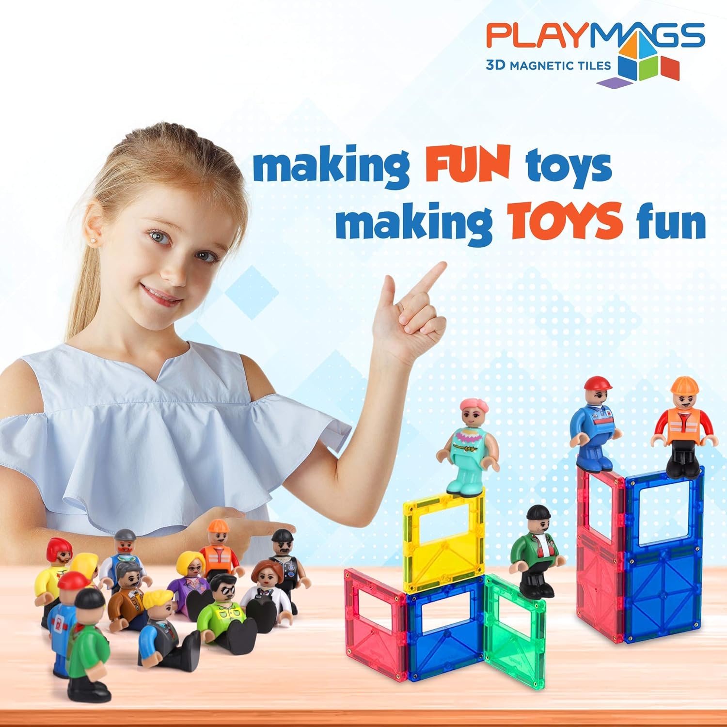 Award Winning Playmags Clear Colors Magnetic Tiles Building Set 50 + 6 Pc Set with Car - STEM Magnetic Toys Develop Motor Skills & Creativity, Colorful, Durable Magnet Building (56 Pc Set)