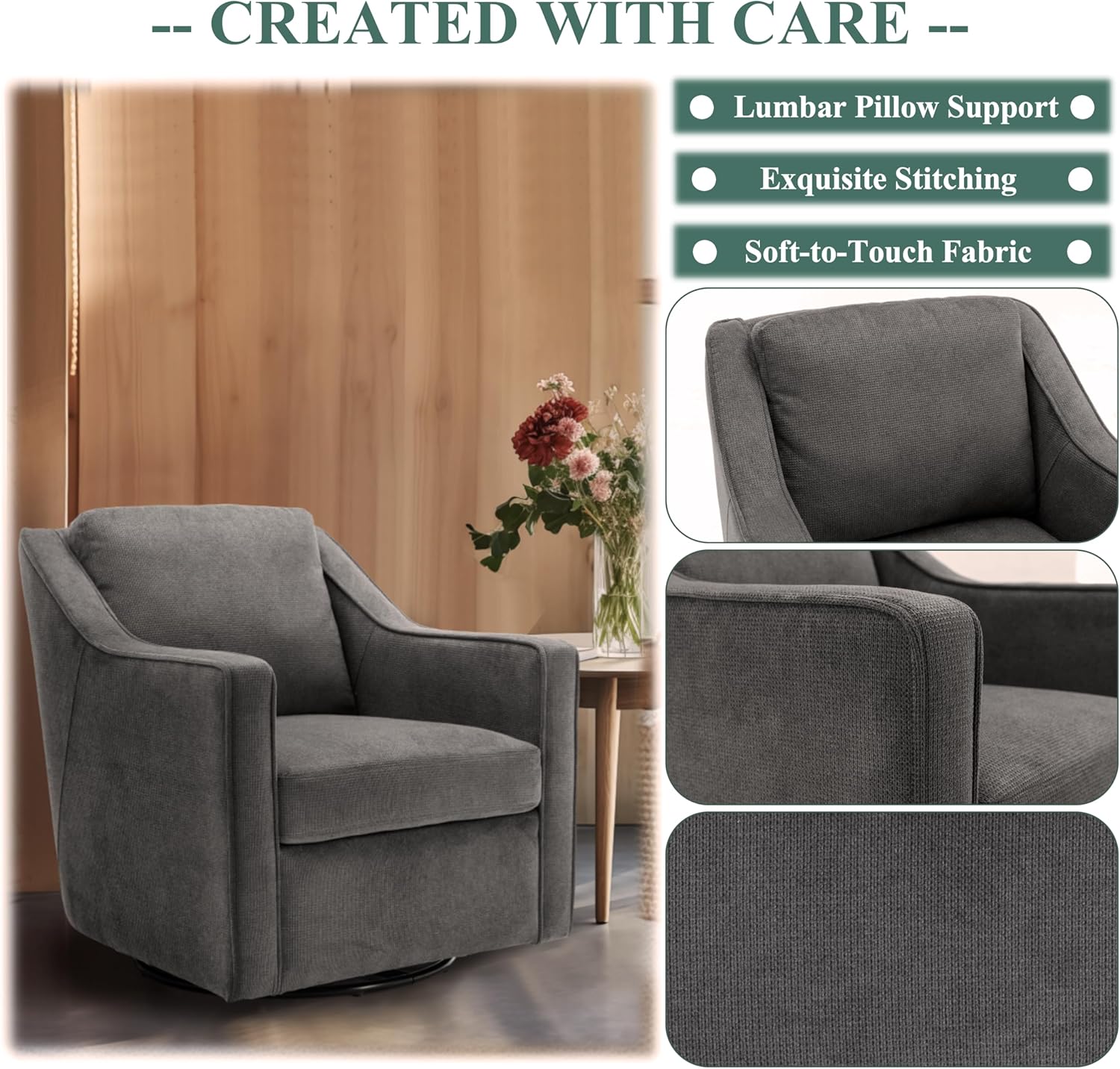 COLAMY 360° Swivel Accent Chair Set of 2, Upholstered Fabric Leisure Armchair with Lumbar Pillow for Living Room Bedroom Home Office, Grey