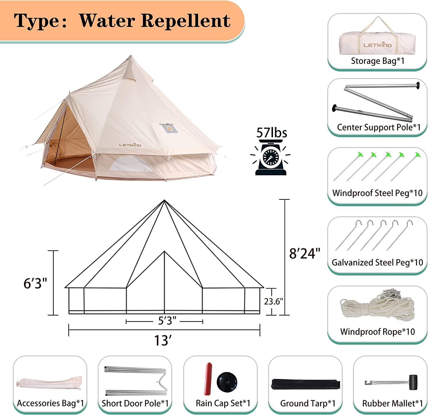 Canvas Bell Tent Yurt with Stove Jack, 4 Season Waterproof Camping Tent 4/6 Person Luxury Outdoor Glamping Tent for Camping, Cotton Tent Bell for Winter Camping, Hunting Party