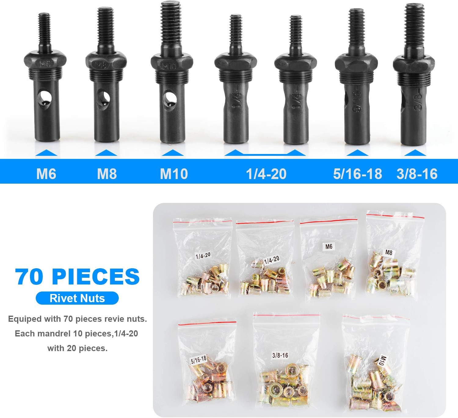WETOLS Rivet Nut Tool, Hand Rivet Nut Tool with 7 Metric & Inch Mandrels M6 M8 M10, 1/4-20, 5/16-18, 3/8-16, 70pcs Rivnuts and Blow Carry Case - WE-882 Pack of 2
