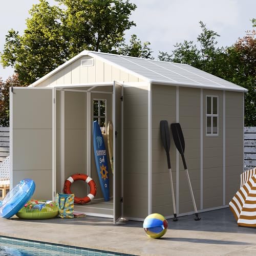 UDPATIO Outdoor Storage Shed 6 x 6 FT, Resin Garden Sheds with Floor Plastic Patio Outdoor Storage Shed with Lockable Door for Tool, Bike, Garbage Gray White