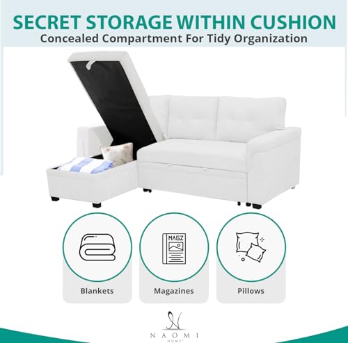 Naomi Home Jenny Sectional Sofa Sleeper with Storage Chaise, Tufted Pull Out Couch with Storage, L-Shaped Reversible Sleeper Sofa with Storage, Black,Air Leather