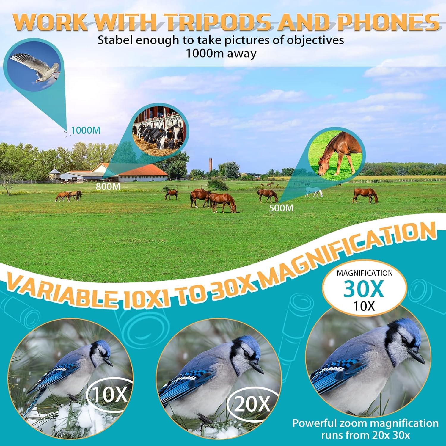 30x50 HD Monocular Telescope, 2022 Upgraded High Power Waterproof Monocular with Smartphone Adapter Stable Tripod Portable BAK4 Prism FMC Monoculars for Bird Watching Hunting Camping Concert