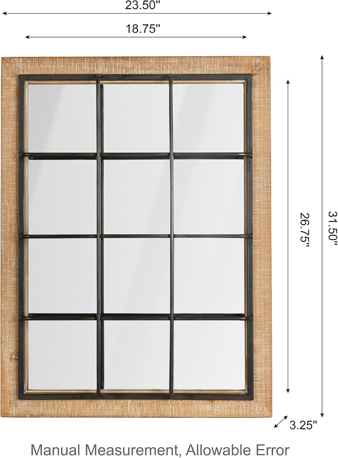 Glitzhome Windowpane Wall Mirror - 24'' x 32'' Farmhouse Decorative Wall Mirror, Hanging Rectangle Wood&Metal Frame Wall Decor Accent Mirror for Bathroom Vanity, Bedroom, Entryway, Fireplace Christmas