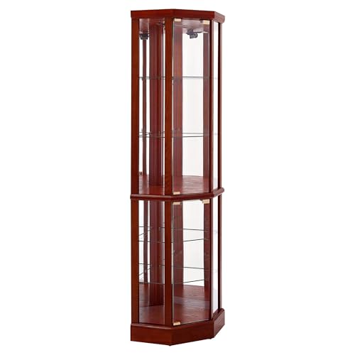 Lighted Corner Display Curio Cabinet Wooden Curved Shelving Unit with Tempered Glass Door, Bar and Liquor Storage Area with 6 Shelves - Mirror Back (Walnut)