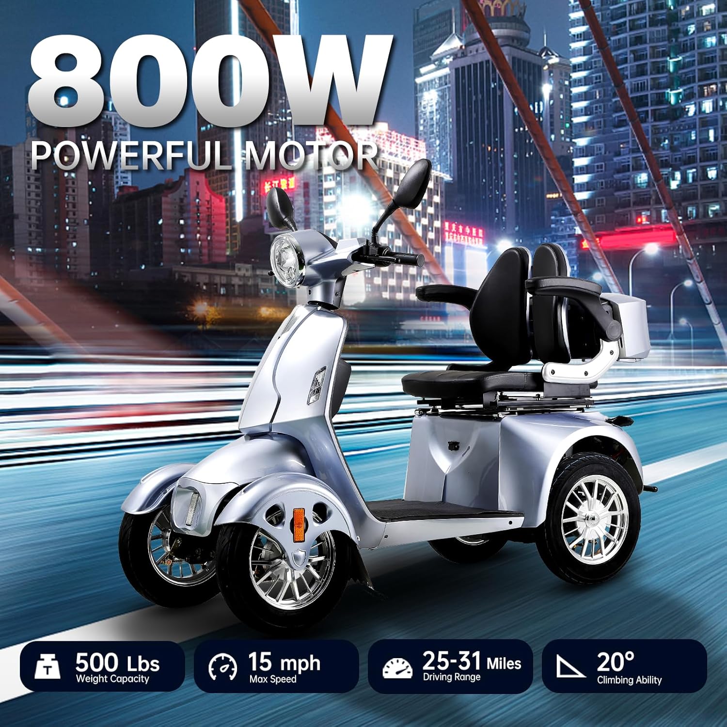 800W Heavy Duty 4 Wheel Mobility Scooters for Seniors & Adults 500lbs Capacity, Powered Mobility Scooters with 3-Speed Control & USB Charger Port, Under Seat Storage, Silver