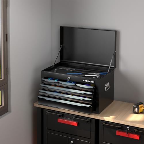 Goplus Rolling Steel Tool Chest, 5-Drawer Tool Storage Cabinet with Hanging Holes, Central Keyed Locking System, Ball-Bearing Slides & Lockable Wheels, Tool Organizer Box for Garage & Repair Shop