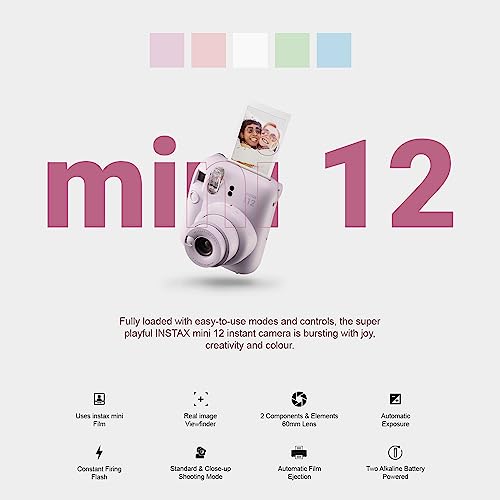Fujifilm Instax Mini 12 Instant Camera + MiniMate Accessory Bundle & Compatible Custom Case + Fuji Instax Film Value Pack (50 Sheets) Flamingo Designer Photo Album (Clay White)