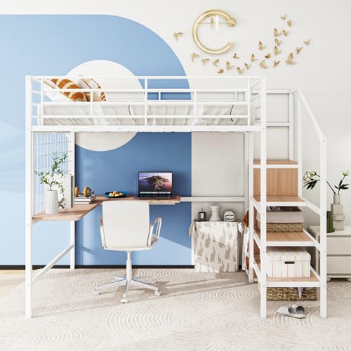 Bellemave Full Size Loft Bed with Desk and Storage Stairs, Full Loft Bed with Storage Stairs/Ladder, Loft Bed Full Size for Adults, Kids, Teens Metal, Black