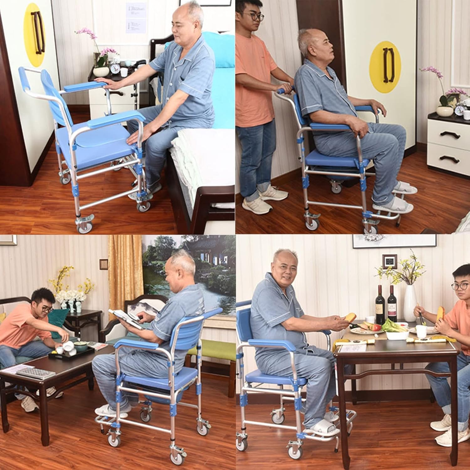 Rolling Showerchair, Wheelchair with Built-in Toilet, Wheelchair Shower Transport Chair/Bathroom Bath Stool for Elder, 4 Wheel Brakes(360°)