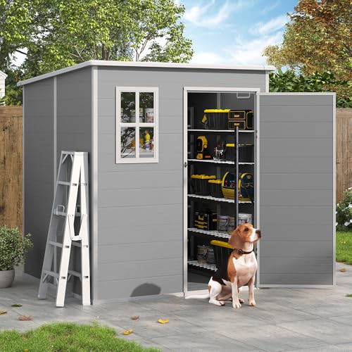 Outdoor Storage Shed, 6x6 FT Resin Shed with Floor and Lockable Door, Window, Vents, Tool Sheds and Outdoor Storage for Bike, Garden Accessories, Tools, Waterproof (Grey & White)