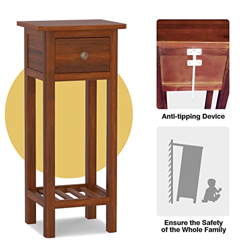 GORELAX Narrow End Table, Tall Nightstand with Drawer & Shelf, Small Bedside Table w/Anti-Tipping Device, No Assembly, Wooden Small Sofa Side Table for Small Space, Living Room, Bedroom (2, White)