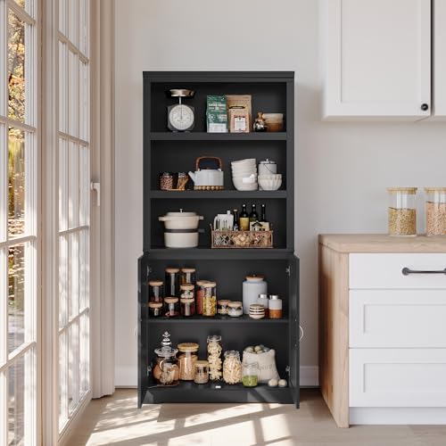 Farmhouse Bookshelves and Bookcases with Doors, Floor Standing 5 Shelf Display Storage Shelves, 69 in Tall Bookcase for Home Office, Living Room, Brown