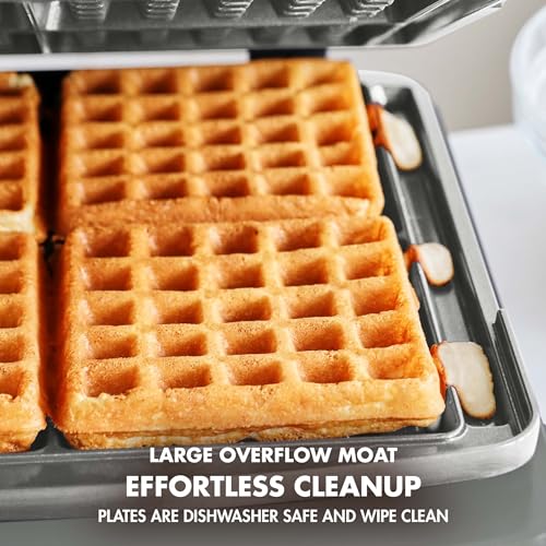 GreenPan Elite 4-Square Belgian & Classic Waffle Iron, Healthy Ceramic Nonstick Aluminum Dishwasher Safe Plates, Adjustable Shade/Crunch Controls, Wont Overflow, Easy Cleanup Breakfast, Cream White