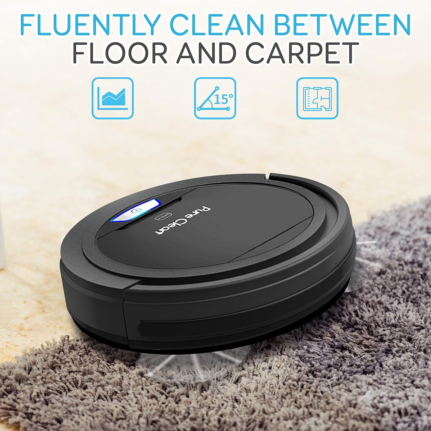 Pure Clean Robot Vacuum Cleaner - Upgraded Lithium Battery 90 Min Run Time - Automatic Bot Self Detects Stairs Pet Hair Allergies Friendly Robotic Home Cleaning for Carpet Hardwood Floor