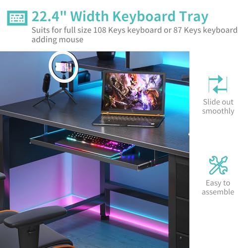 Lufeiya Computer Desk with File Drawers Cabinet, 47 Inch Home Office Desks with Keyboard Tray, Gaming Desk with LED Lights and Power Outlets, Writing Table PC Desks with Monitor Stand, Rustic Brown