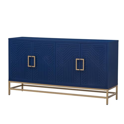 59.8" Retro Style Accent Storage Cabinet with 4 Doors and Rectangular Metal Handles and Legs, Wooden Buffet Sideboard Adjustable Shelves for Kitchen, Living Room and Dining Room (Navy)