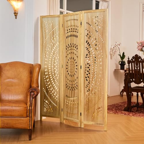 Room Divider Wood Carved Wall Divider Indoor Folding Bohemian Style Portable Partition Screen for Home Office Garden Terrace - 6 Panels (Antique, White-Washed)