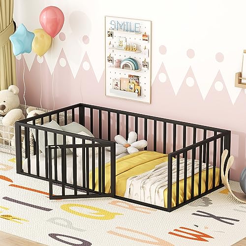 Bellemave Full Montessori floor bed,Floor Bed, Floor Bed with Door,Floor Bed for Baby,Metal Kids Floor Bed(Black).
