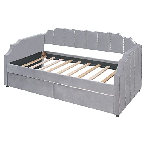 Twin Daybed with Storage - Upholstered Daybed with 2 Drawers and Arched Frame Design, Velvet Daybed with Horizontal Tufting and Nailhead Trim Detail, Storage Daybed for Bedroom (Gray)