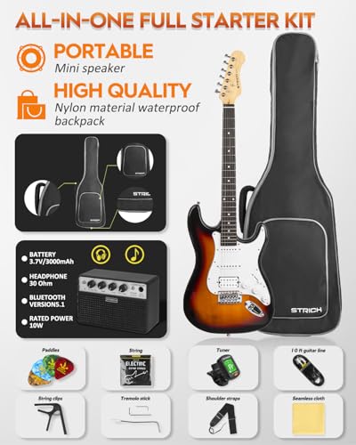 STRICH Electric Guitar Beginner Kit, Solid Body 39" Full Size Electric Guitar HSS Pick Up for Starter, with 10W Amp, Bag, Digital Tuner, Capo, Strap, String,Cable, Picks, SST-S20 Sunburst