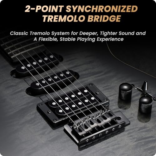 39" Solid Body Electric Guitar: Electric Guitar Kit with Bone Nut, Full Size 6 String Guitars with 24 Frets, Poplar Body AAA Flame Maple Top, Guitarra Electrica with HSS Ceramic Pickup,Black
