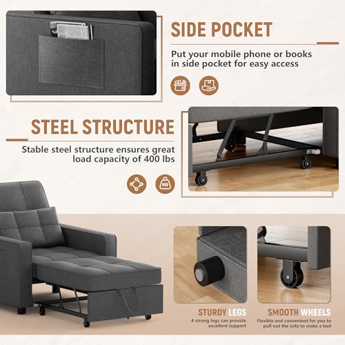 Flamaker Sofa Bed, Sleeper Sofa 3-in-1, Adjustable Couch Bed with Modern Linen Fabric, Convertible Sleeper Chair for Living Room, Apartment and Small Space (Dark Grey)